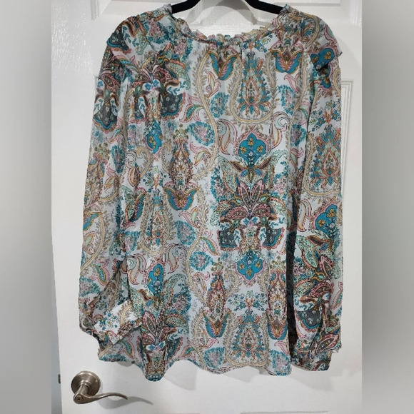 LOFT Plus Multicolored Paisley Print Long Sleeve Tie Neck Blouse in Size 22 - Picture 11 of 13